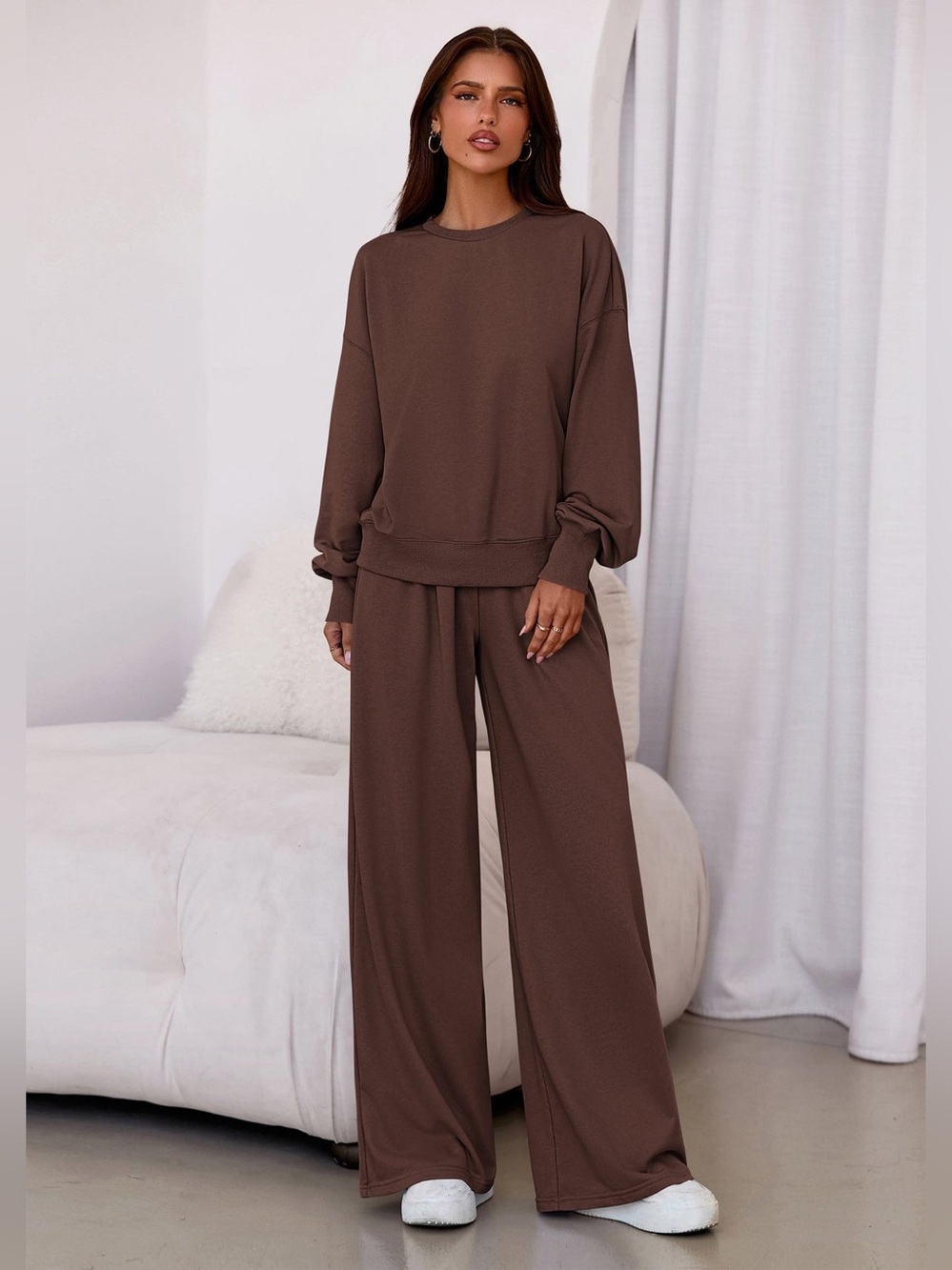 PRETTYGARDEN 2 Piece Set Long Sleeve Sweatshirt Wide Leg Pants